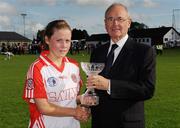 15 August 2009; Tyrone's Joline Donelly is presented with the player of the match award by Sean McMullen, Chairman of the Leinster Council. TG4 All-Ireland Ladies Football Senior Championship Quarter-Final, Tyrone v Mayo, Ballymahon GAA Club, Ballymahon, Co. Longford. Photo by Sportsfile