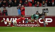 28 November 2015; Bundee Aki, Connacht, scores his side's second try despite the efforts of Andrew Conway, Munster. Guinness PRO12, Round 8, Munster v Connacht. Thomond Park, Limerick. Picture credit: Diarmuid Greene / SPORTSFILE