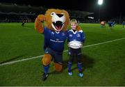 27 November 2015; Leinster matchday mascot Tom Coyle, from Kildare, with Leo The Lion ahead of Leinster v Ulster - Guinness PRO12, Round 8. RDS, Ballsbridge, Dublin. Picture credit: Stephen McCarthy / SPORTSFILE