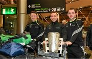 10 December 2015; Pictured, from left, are Kilkenny's Paul Murphy, Richie Hogan and Ger Aylward, with the Liam MacCarthy cup, before departing for Austin, Texas, USA. GAA All-Star Tour 2015, sponsored by Opel, departs for Austin, Texas, USA. Dublin Airport, Dublin. Picture credit: Ray McManus / SPORTSFILE