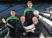 10 December 2015; Leinster GAA Chairman John Horan with Jim Bolger, Leinster GAA Vice Chairman, and from left, Wexford hurler Eanna Martin and Kildare footballer Paul Cribbin at the Launch of the Leinster GAA Strategic Vision and Action Plan. Croke Park, Dublin. Picture credit: Matt Browne / SPORTSFILE