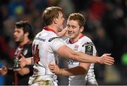 11 December 2015; Andrew Trimble, left, Ulster, celebrates after scoring his side's 2nd try with team-mate Paddy Jackson. European Rugby Champions Cup, Pool 1, Round 3, Ulster v Toulouse. Kingspan Stadium, Ravenhill Park, Belfast. Photo by Sportsfile