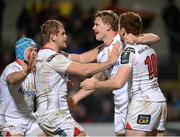 11 December 2015; Andrew Trimble, Ulster,scond right, celebrates with Luke Marshall, Chris Henry and Paddy Jackson after scoring his sides second try. European Rugby Champions Cup, Pool 1, Round 3, Ulster v Toulouse. Kingspan Stadium, Ravenhill Park, Belfast. Picture credit: Oliver McVeigh / SPORTSFILE