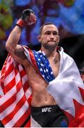 11 December 2015; Frankie Edgar celebrates beating Chad Mendes in their featherweight bout. The Ultimate Fighter Finale: Team McGregor vs. Team Faber, The Chelsea at The Cosmopolitan, Las Vegas, USA. Picture credit: Ramsey Cardy / SPORTSFILE