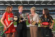 8 September 2009; President of the Camogie association Joan O'Flynn and Gary Desmond, CEO of Gala, with senior captains Ann Dalton, Kilkenny, right, and Cork captain Amanda O'Regan, left, and the O'Duffy cup at a photocall ahead of the Gala All-Ireland Camogie Championship. Croke Park, Dublin. Picture credit: Pat Murphy / SPORTSFILE