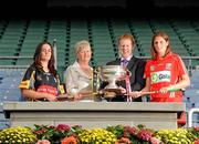 8 September 2009; President of the Camogie association Joan O'Flynn and Gary Desmond, CEO of Gala, with senior captains Ann Dalton, Kilkenny, left, and Cork captain Amanda O'Regan and the O'Duffy cup at a photocall ahead of the Gala All-Ireland Camogie Championship. Croke Park, Dublin. Picture credit: Pat Murphy / SPORTSFILE