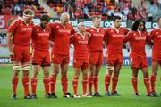 11 September 2009; Munster players, from left to right, Mick O'Driscoll, Marcus Horan, John Hayes, Peter Stringer, Denis Fogarty, Denis Leamy and Lifeimi Mafi line up together during a minute's silence before the game. Celtic League, Munster v Cardiff Blues, Thomond Park, Limerick. Picture credit: Diarmuid Greene / SPORTSFILE