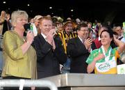 13 September 2009; President of the Camogie Association Joan O'Flynn speaking after the Gala All-Ireland Junior Camogie Championship Final while Gary Desmond, CEO, Gala, An Taoiseach Brian Cowen and winning Offaly captain Marion Crean look on. Offaly v Waterford. Croke Park, Dublin. Picture credit: Pat Murphy / SPORTSFILE