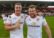 20 December 2015; Rob Herring and Andrew Warwick, Ulster, celebrate after the final whistle. European Rugby Champions Cup, Pool 1, Round 4, Toulouse v Ulster. Stade Ernest Wallon, Toulouse, France. Picture credit: Oliver McVeigh / SPORTSFILE