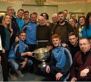 21 December 2015; Dublin manager Jim Gavin with Br. Kevin Crowley, Fr Robert McCabe, CC, Navan, and Fr Bryan Shorthall , Paul Flynn, Jim Brogan, Paddy Andrews, Davy Byrne, Conor McHugh and Gavin Burke, as they and volunteers help pack some 3,000 Christmas parcels for the homeless at the Capuchin Day Centre on Bow Street, Dublin. Picture credit: Ray McManus / SPORTSFILE
