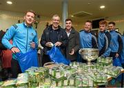 21 December 2015; Dublin footballers Paul Flynn, Jim Brogan, selector, Paddy Andrews, Davy Byrne, goalkeeping coach, Conor McHugh, and Gavin Burke as they help pack some 3,000 Christmas parcels for the homeless at the Capuchin Day Centre on Bow Street, Dublin. Picture credit: Ray McManus / SPORTSFILE