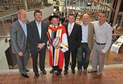 22 September 2009; Ireland rugby head coach Declan Kidney with his honorary doctorate of science which he received from the University of Limerick, along with Munster rugby players past and present, from left, Paul O'Connell, Anthony Foley, Killian Keane, Keith Wood and Alan Quinlan. University Concert Hall, University of Limerick, Limerick. Picture credit: Diarmuid Greene / SPORTSFILE