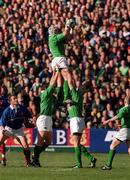 17 February 2001; Alan Quinlan of Ireland wins a lineout during the Lloyds TSB Six Nations Rugby Championship match between Ireland and France at Lansdowne Road in Dublin. Photo by Matt Browne/Sportsfile
