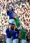 17 February 2001; Christophe Moni of France wins a lineout from Malcolm O'Kelly of Ireland during the Lloyds TSB Six Nations Rugby Championship match between Ireland and France at Lansdowne Road in Dublin. Photo by Brendan Moran/Sportsfile