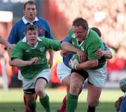 17 February 2001; Mick Galwey of Ireland, supported by team-mate Brian O'Driscoll, in action against France during the Lloyds TSB Six Nations Rugby Championship match between Ireland and France at Lansdowne Road in Dublin. Photo by Brendan Moran/Sportsfile