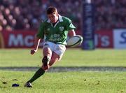 17 February 2001; Ronan O'Gara of Ireland kicks a penalty during the Lloyds TSB Six Nations Rugby Championship match between Ireland and France at Lansdowne Road in Dublin. Photo by Matt Browne/Sportsfile