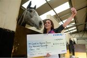 5 January 2016; Model Holly Carpenter with Monbeg Rose at the launch of The Coral.ie Hurdle Raceday. Willie Mullins Yard, Closesutton, Bagnelstown, Co. Carlow. Photo by Sportsfile