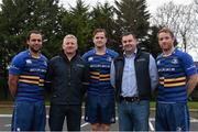 7 January 2016; Leinster rugby players Isa Nacewa, Jamie Heaslip and Luke Fitzgerald with Aidan McDonnell, 2nd from left, MD, and John Lynch, CTO, from Acutrace, which was named Bank of Ireland’s ‘Sponsor for a Day’ 2016 Leinster winner. As part of a prize worth c. €50,000 Acutrace will have its branding displayed on the Leinster team jerseys for the European Rugby Champions Cup game against Bath in the RDS on Saturday, 16 January 2016. UCD, Dublin. Picture credit: Brendan Moran / SPORTSFILE