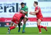 10 January 2016; Bundee Aki, Connacht, is tackled by Hadleigh Parkes and Aled Thomas, Scarlets. Guinness PRO12, Round 12, Scarlets v Connacht, Parc Y Scarlets, Llanelli, Wales. Picture credit: Ben Evans / SPORTSFILE