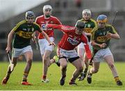 10 January 2016; Patrick O'Rourke, Cork, in action against Brendan O'Leary, right, and Jason Diggins, left,  Kerry. Munster Senior Hurling League, Round 2, Kerry v Cork, Mallow GAA Grounds, Mallow, Co. Cork. Picture credit: Eoin Noonan / SPORTSFILE