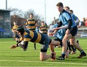 12 January 2016; William Hendy, The King's Hospital School, scores his side's second try despite the efforts of Patrtick Gilceava, Newpark Comprehensive. Bank of Ireland Schools Fr. Godfrey Cup, Round 1, Newpark Comprehensive v The Kings Hospital, Donnybrook Stadium Donnybrook, Dublin. Picture credit: Cody Glenn / SPORTSFILE