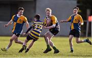 12 January 2016; Jamie Osbourne, CBS Naas, is tackled by Ronan Horan, Skerries Community College. Bank of Ireland Schools Fr. Godfrey Cup, Round 1, Skerries Community College v CBS Naas, Garda RFC, Westmanstown, Co. Dublin. Picture credit: Ramsey Cardy / SPORTSFILE