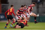 14 January 2016; David Motyer, Wesley College, is tackled by Frankie O'Dea, St Fintan's High School. St Fintans High School v Wesley College, Bank of Ireland Schools Vinnie Murray Cup Quarter Final. Donnybrook Stadium, Donnybrook, Dublin. Picture credit: Stephen McCarthy / SPORTSFILE