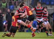 14 January 2016; Tim Spencer, Wesley College, is tackled by Frankie O'Dea, left, and Conor Byrne, St Fintan's High School. St Fintans High School v Wesley College, Bank of Ireland Schools Vinnie Murray Cup Quarter Final. Donnybrook Stadium, Donnybrook, Dublin. Picture credit: Stephen McCarthy / SPORTSFILE