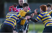12 January 2016; Lorcan Mooney, CBS Naas, is tackled by Darragh O'Brien, left, and Alex Plunkett, Skerries Community College. Bank of Ireland Schools Fr. Godfrey Cup, Round 1, Skerries Community College v CBS Naas, Garda RFC, Westmanstown, Co. Dublin. Picture credit: Ramsey Cardy / SPORTSFILE