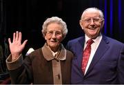 21 January 2016. Jimmy Magee with Mrs. Margaret Higgins, wife of the late Mick Higgins, who won All Ireland medals with Cavan in 1947, '48 and '52, at Jimmy Magee's  'Around the World in 80 Years'. Ramor Theatre, Virginia, Co. Cavan. Picture credit: Ray McManus / SPORTSFILE
