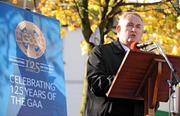 1 November 2009; Uachtarán CLG Criostóir Ó Cuana speaking at the closing celebrations of the 125th Year of the GAA. Liberty Square, Thurles, Co. Tipperary. Picture credit: Brendan Moran / SPORTSFILE