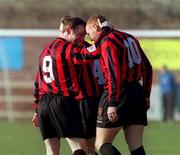 18 February 2001; Trevor Molloy, left, congratulates Glen Crowe on scoring the opening goal during the Eircom League Premier Division match between UCD and Bohemians at Belfield Park in Dublin. Photo by David Maher/Sportsfile