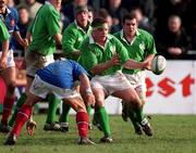 16 February 2001; Niall Treston of Ireland in action against Christophe Tournier of France during the U21 Rugby International match between Ireland and France at Templeville Road in Dublin. Photo by Brendan Moran/Sportsfile