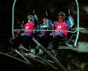 9 March 2001; Miriam Cleary, Ireland's Head of Delegation, with athletes Finbarr Hughes, left, and Jim Nugent, right, aboard a ski lift on their way to competing in the Novice Giant Slalom Finals during the 2001 Special Olympics World Winter Games at the Alyeska Ski Resort in Anchorage, Alaska, USA. Photo by Ray McManus/Sportsfile