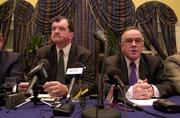 9 March 2001; Bernard O'Byrne, Chief Executive  FAI, left, with Pat Quigley, President FAI, pictured during a press conference, after a FAI senior council meeting had agreed to scrap eircom Park, in favour of the Government's Stadium Ireland.  Green Isle Hotel, Co. Dublin. Soccer. Photo by David Maher/Sportsfile      during a press conference at the Green Isle Hotel in Dublin, following a FAI Senior Council Meeting where it had been agreed to scrap eircom Park, in favour of the Government's Stadium Ireland. Photo by Damien Eagers/Sportsfile