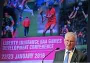 22 January 2016; Frank Burke, Chairman of the GAA Development Committee, speaking at the Liberty Insurance GAA Annual Games Development Conference 2016. The theme of the conference was 'The Coach, The Player, The Game: Building Connections'. A range of speakers addressed issues related to the coaching and playing of gaelic games at adult level’. Croke Park, Dublin. Picture credit: Sam Barnes / SPORTSFILE