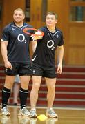 5 November 2009; Captain Brian O'Driscoll throws a frisbee, watched by team-mate Brett Wilkinson, during a warm-up session before the start of Ireland squad training. University of Limerick, Limerick. Picture credit: Brendan Moran / SPORTSFILE