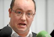 7 November 2009; An emotional Pat McDaid, Chairman of Derry City FC, speaking after an FAI Board Meeting where Derry City had their contract to compete in the League of Ireland terminated. FAI Headquarters, Abbotstown, Co. Dublin. Picture credit: Brendan Moran / SPORTSFILE