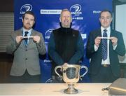 5 February 2016; Noel McKenna, Leinster Schools Committee, left, and Fintan Lalor, Branch Manager at Killester Bank of Ireland, right, draw out the names of Blackrock College and Presentation College Bray, alongside Lorcan Balfe, Leinster Schools Secretary, centre, during the Bank of Ireland Leinster Schools Junior Cup 2nd Round / Quarter-Finals Draw. Castle Avenue, Clontarf, Dublin. Picture credit: Sam Barnes / SPORTSFILE