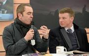 6 February 2016; Actor James Nesbitt, with Kevin O'Ryan, right, of At the Races speaking on The Winning Line during the Irish Gold Cup Day. Horse Racing from Leopardstown. Leopardstown, Co. Dublin. Picture credit: Brendan Moran / SPORTSFILE