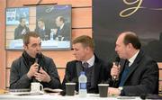 6 February 2016; Actor James Nesbitt, with Kevin O'Ryan, centre, of At the Races and MC Denis Kirwan, right, speaking on The Winning Line during the Irish Gold Cup Day. Horse Racing from Leopardstown. Leopardstown, Co. Dublin. Picture credit: Brendan Moran / SPORTSFILE