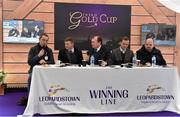 6 February 2016; In attendance at The Winning Line, from left, Actor James Nesbitt, Kevin O'Ryan, At the Races, MC Denis Kirwan, Tom Lee, Channel 4 and RTE, and Justin Hanlon, The Racing Post, during the Irish Gold Cup Day. Horse Racing from Leopardstown. Leopardstown, Co. Dublin. Picture credit: Brendan Moran / SPORTSFILE