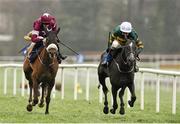 6 February 2016; Bleu Et Rouge, with Barry Geraghty up, on their way to winning the Deloitte Novice Hurdle from second place Tombstone, with Bryan Cooper up. Horse Racing from Leopardstown. Leopardstown, Co. Dublin. Picture credit: Matt Browne / SPORTSFILE