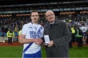 6 February 2016; Pictured is Denis O’Callaghan, Head of Distribution, AIB, presenting Brian Curran, St Mary's, with the Man of the Match award for his outstanding performance in the AIB GAA Intermediate Football Club Championship Final, Hollymount-Carramore vs St Mary's in Croke Park. For exclusive content and to see why AIB are backing Club and County follow us @AIB_GAA and on Facebook at Facebook.com/AIBGAA. Picture credit: Stephen McCarthy / SPORTSFILE