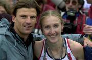 24 March 2001; Great Britain's Paula Radcliffe is embraced by her husband Gary Lough after winning the Senior Women's Long Race at the the IAAF World Cross Country Championships at the Wellington Hippodroom in Ostend, Belgium. Photo by Ray McManus/Sportsfile