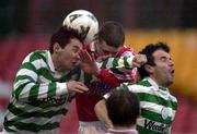 29 March 2001; Owen Heary of Shelbourne in action against Brian Byrne, left, and Jason Colwell of Shamrock Rovers during the FAI Cup Quarter Final match between Shelbourne and Shamrock Rovers at Tolka Park in Dublin. Photo by Brendan Moran/Sportsfile