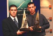 9 April 2001; Martin Cronin of Nemo Rangers, left, and Michael Moyles of Crossmolina who were presented with the Munster and Connacht player awards respectively at the AIB Bank Provincial Player Awards at the AIB Bankcentre in Dublin. Photo by Ray McManus/Sportsfile