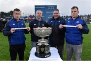 11 February 2016; Leinster's Bryan Byrne, left, and his twin brother Ed draw out the teams in the Bank of Ireland Leinster Schools Senior Cup semi-final draw with Lorcan Balfe from Leinster Rugby and Robert McDermott, Leinster Rugby President. Donnybrook Stadium, Donnybrook, Dublin. Picture credit: Matt Browne / SPORTSFILE
