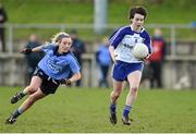 14 February 2016; Cora Courtney, Monaghan, in action against Fiona Hudson, Dublin. Lidl Ladies Football National League, Division 1,  Monaghan v Dublin. Emyvale, Co. Monaghan. Picture credit: Oliver McVeigh / SPORTSFILE