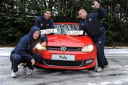 11 January 2010; Leinster’s CJ Van Der Linde prepares to throw a snowball at team-mates Leo Cullen and Nathan Hines, centre, during a photocall to announce details of the Volkswagen 2010 scrappage offers. David Lloyd Riverview, Beech Hill, Clonskeagh, Dublin. Picture credit: Pat Murphy / SPORTSFILE